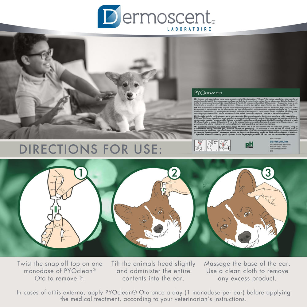 Dermoscent Pyoclean OTO: uso doméstico sencillo para higiene regular.