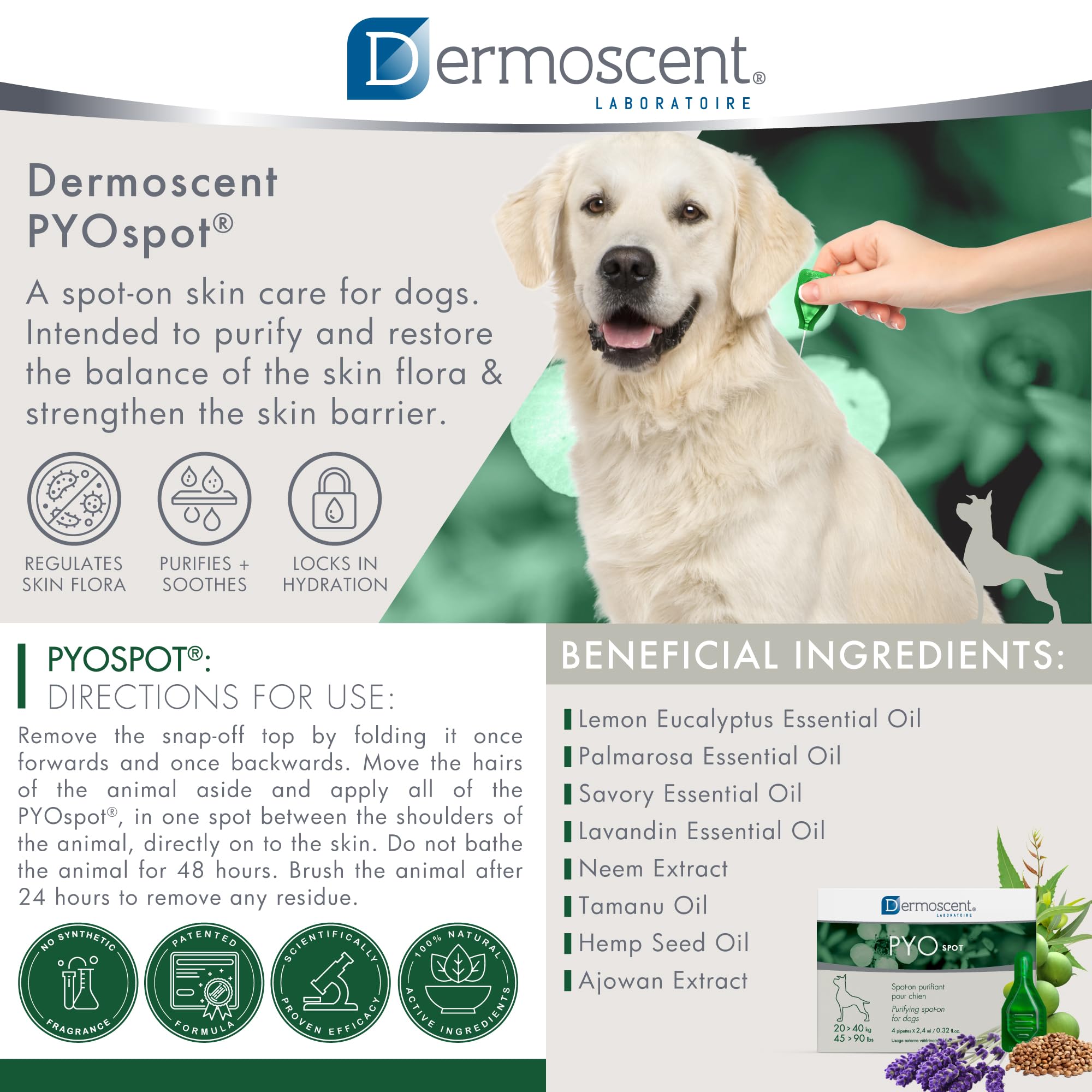 Dermoscent Pyospot natural ingredients close-up highlight plant based care