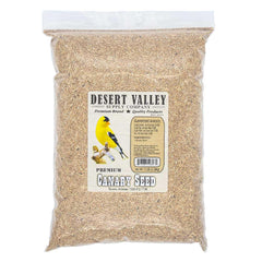 Desert Valley Supply canary seed bag shows premium, non-GMO formula for year-round feeding.