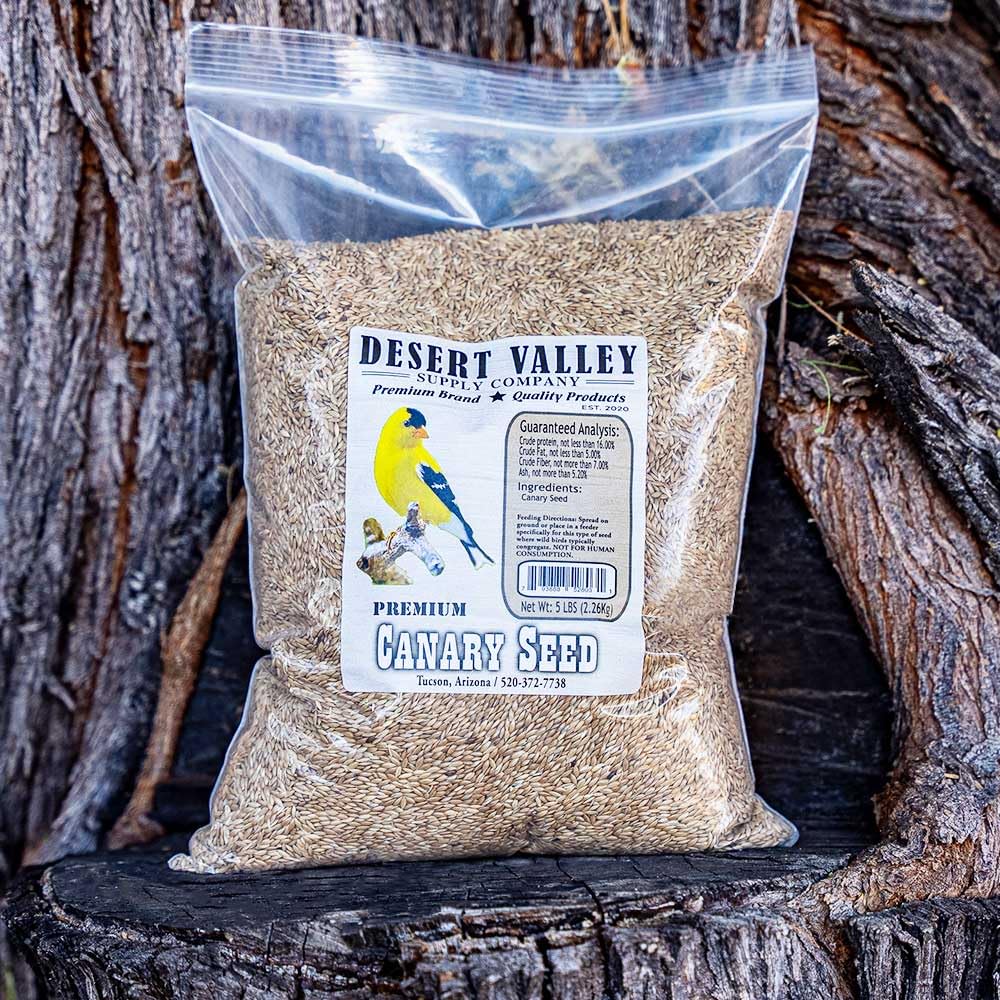 Desert Valley Supply canary seed close-up highlights nutrient-dense mix for energy.
