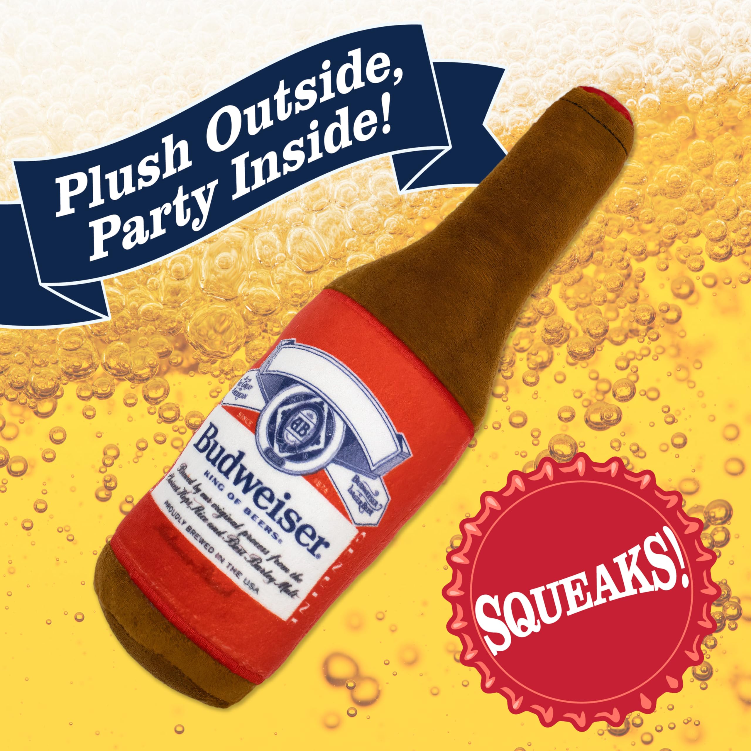 design LAB Budweiser beer dog toy, side view, official merch perfect for tails and parties.