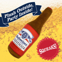design LAB Budweiser beer dog toy, side view, official merch perfect for tails and parties.