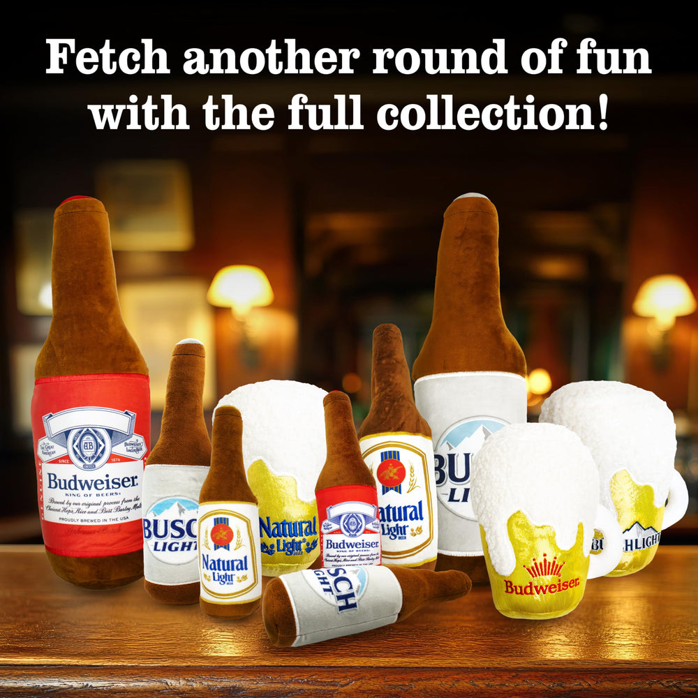 design LAB Budweiser beer dog toy, in-action shot, supports fetch and everyday fun.