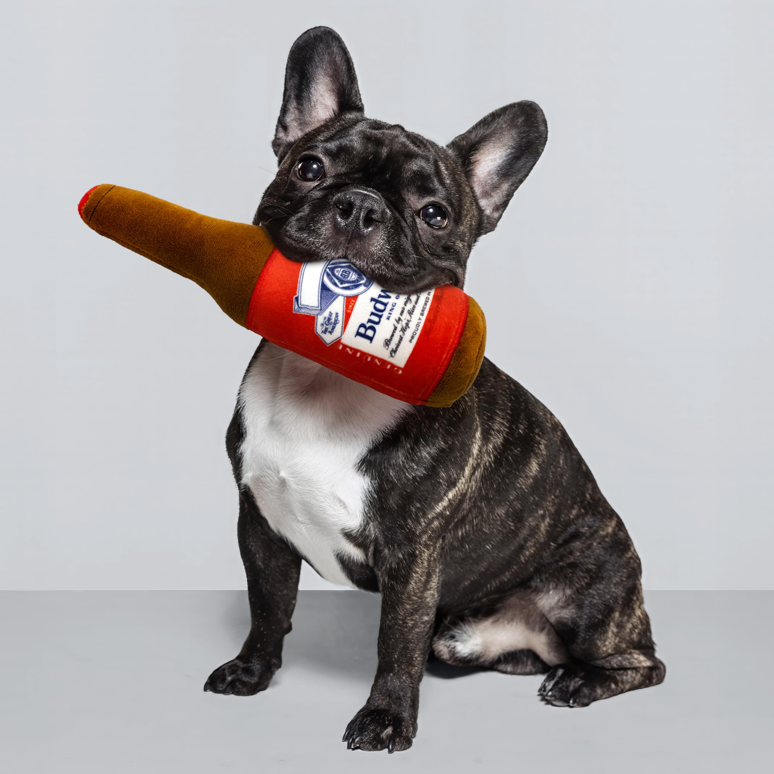 design LAB Budweiser beer dog toy, plush texture, soft on gums for cozy after-play moments.