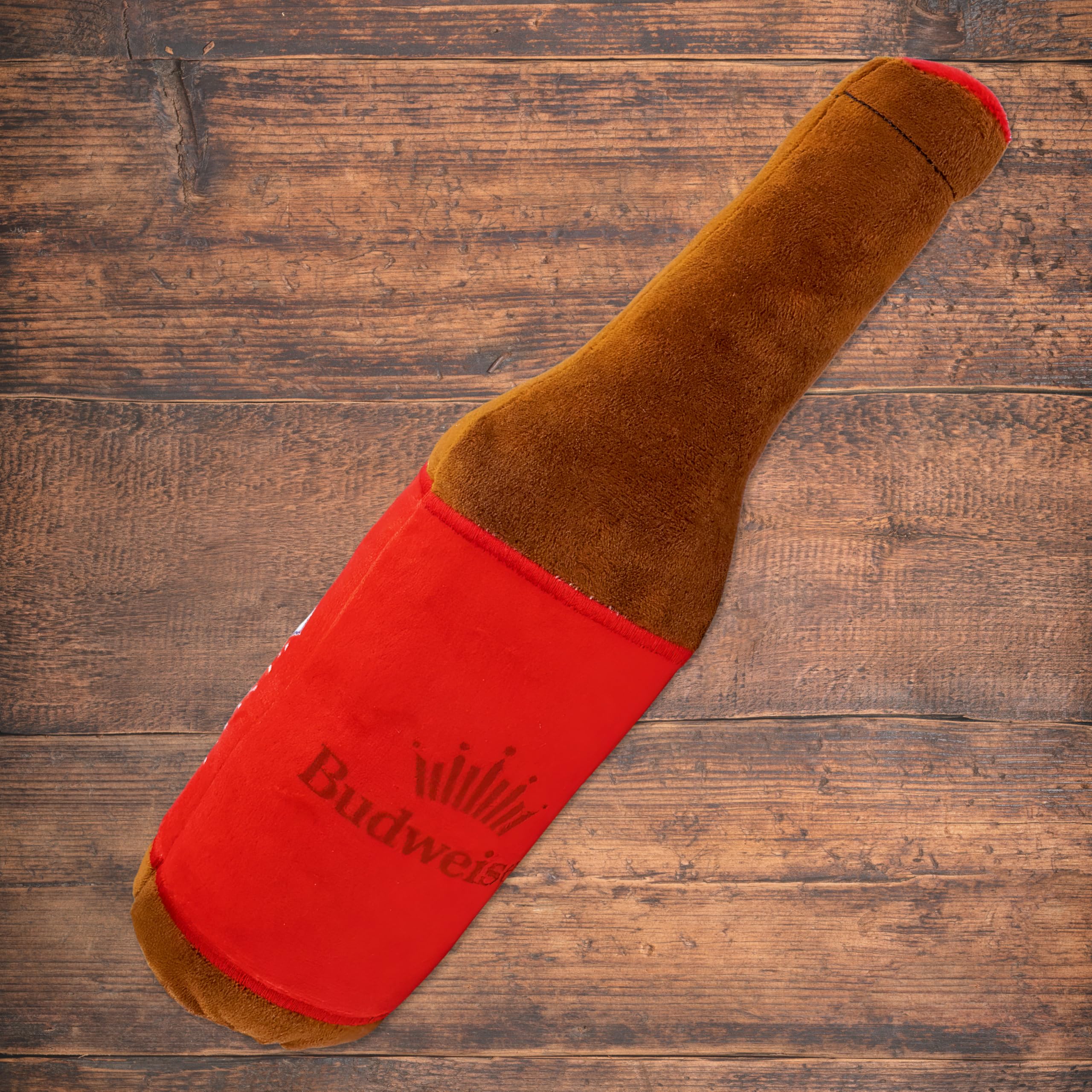 design LAB Budweiser beer dog toy, squeaker closeup, boosts interactive play and curiosity.