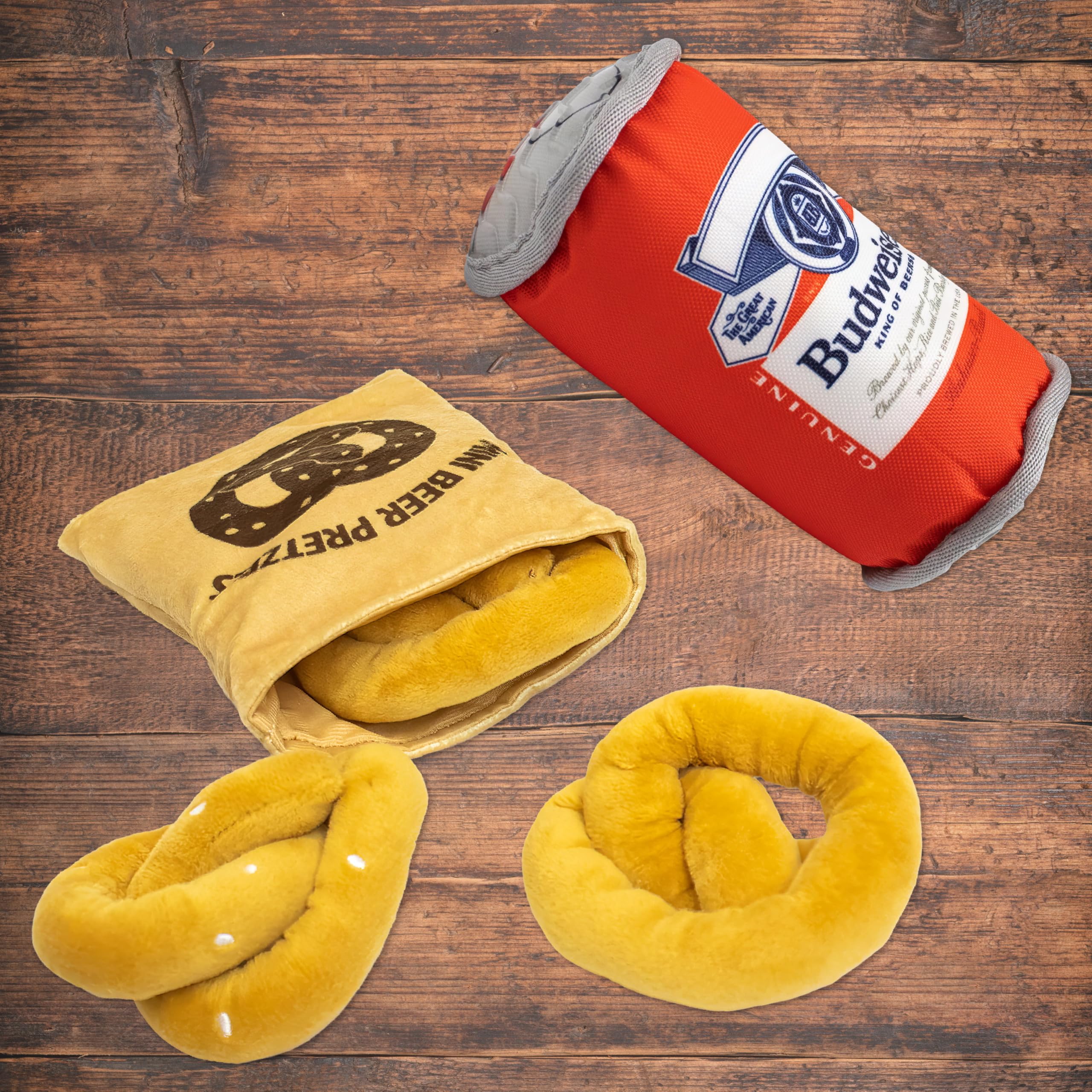 design LAB Budweiser beer can with plush pretzel offers puzzle-style engagement.