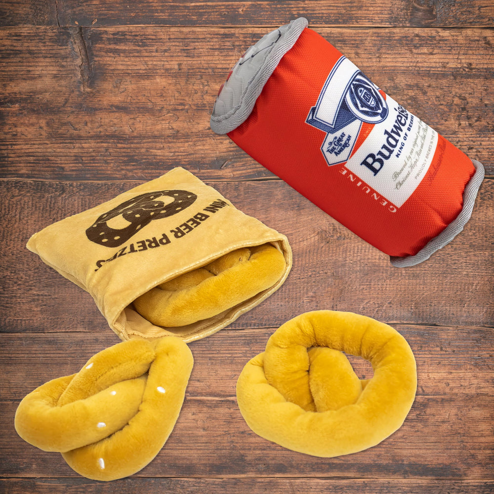design LAB Budweiser beer can with plush pretzel offers puzzle-style engagement.
