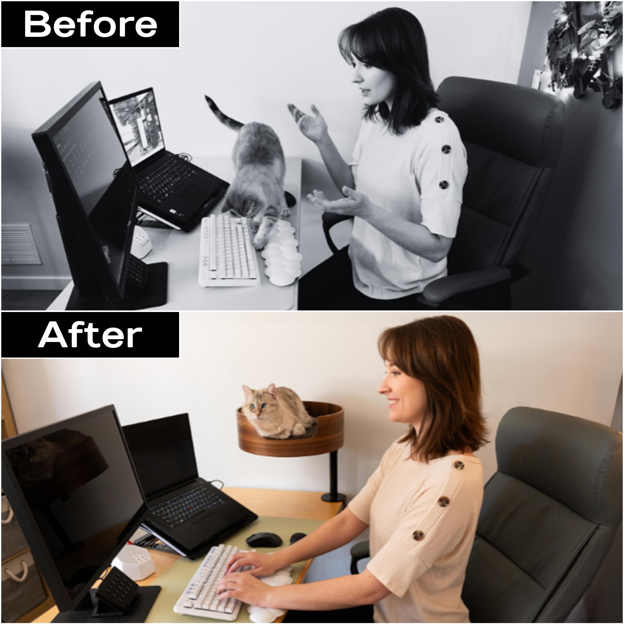 Desk Nest Cat Bed in white oak finish adds stylish, modern appeal.