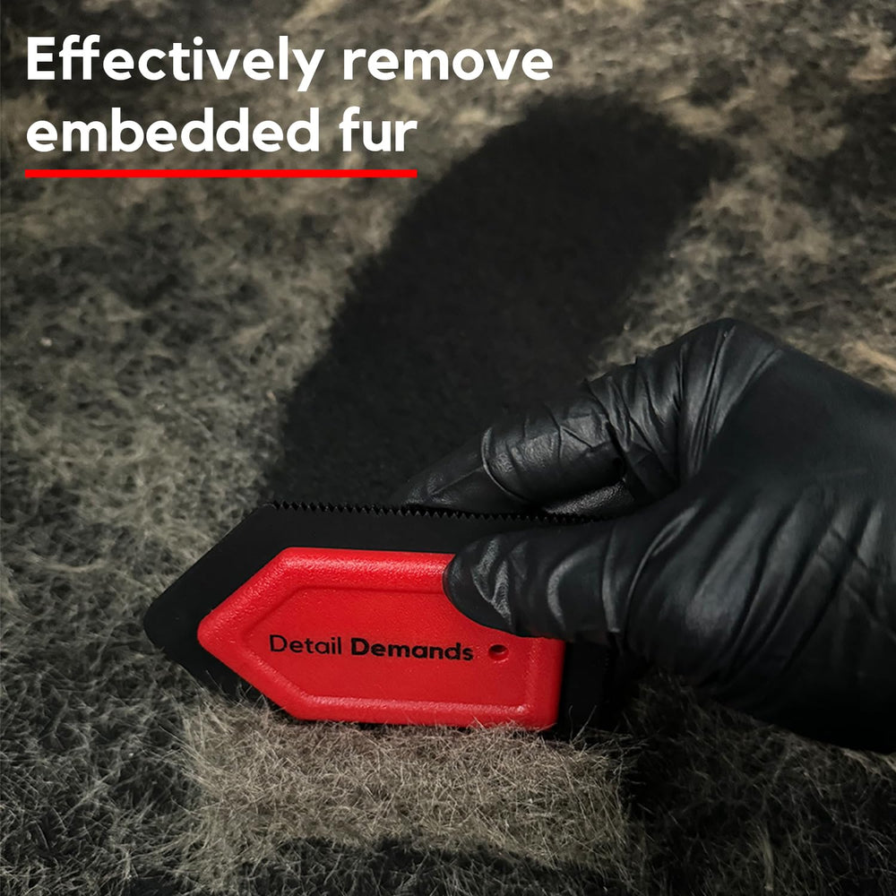 Detail Demands Mini Pet Hair Detailer used in-car to reduce pet hair on upholstery.