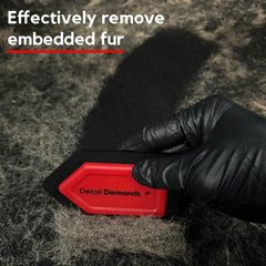 Detail Demands Mini Pet Hair Detailer used in-car to reduce pet hair on upholstery.