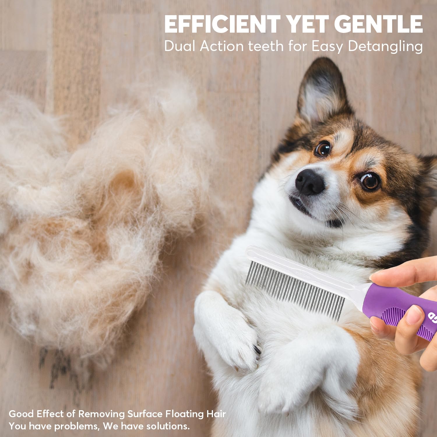 Detangling Pet Comb tackling stubborn matting with stainless steel teeth.