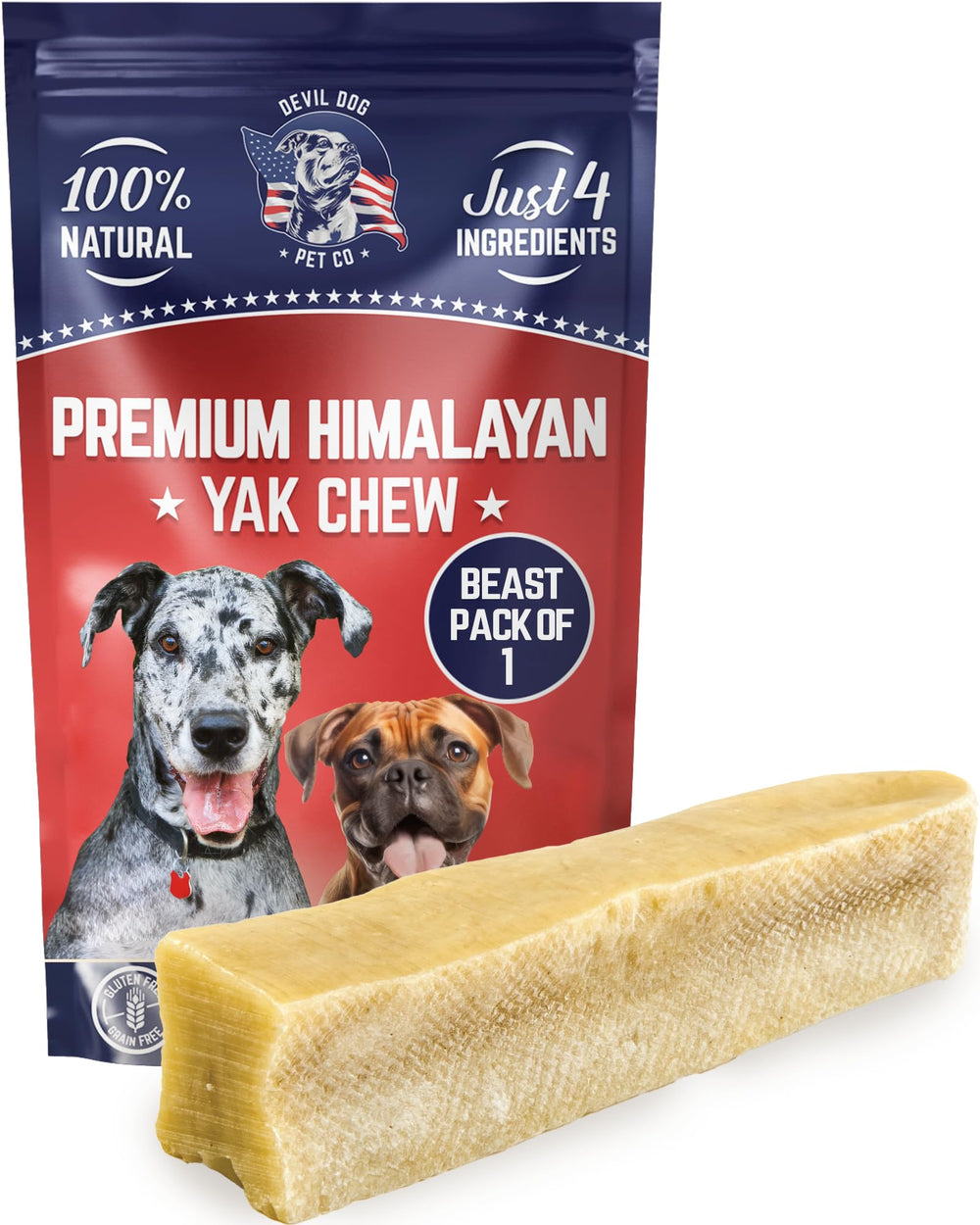 Devil Dog Pet Co Beast Chew packaging close-up highlighting natural ingredients and longevity