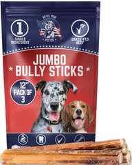 Devil Dog Jumbo Bully Sticks 12inch 3-count pack delivers long-lasting chewing and peak canine satisfaction.