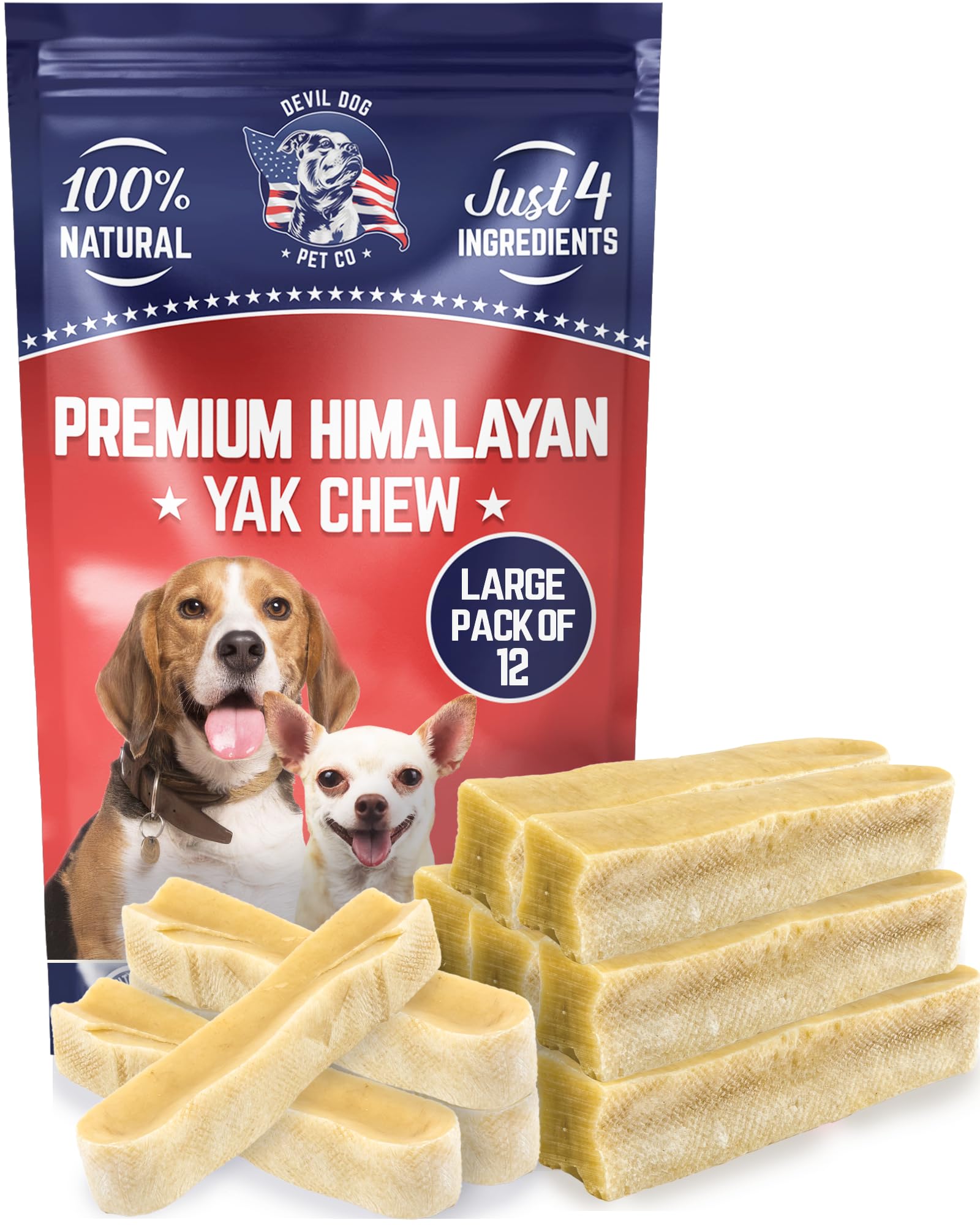Devil Dog Pet Co Himalayan Yak Cheese Dog Chews large pack pack shot highlighting premium, long-lasting treats.