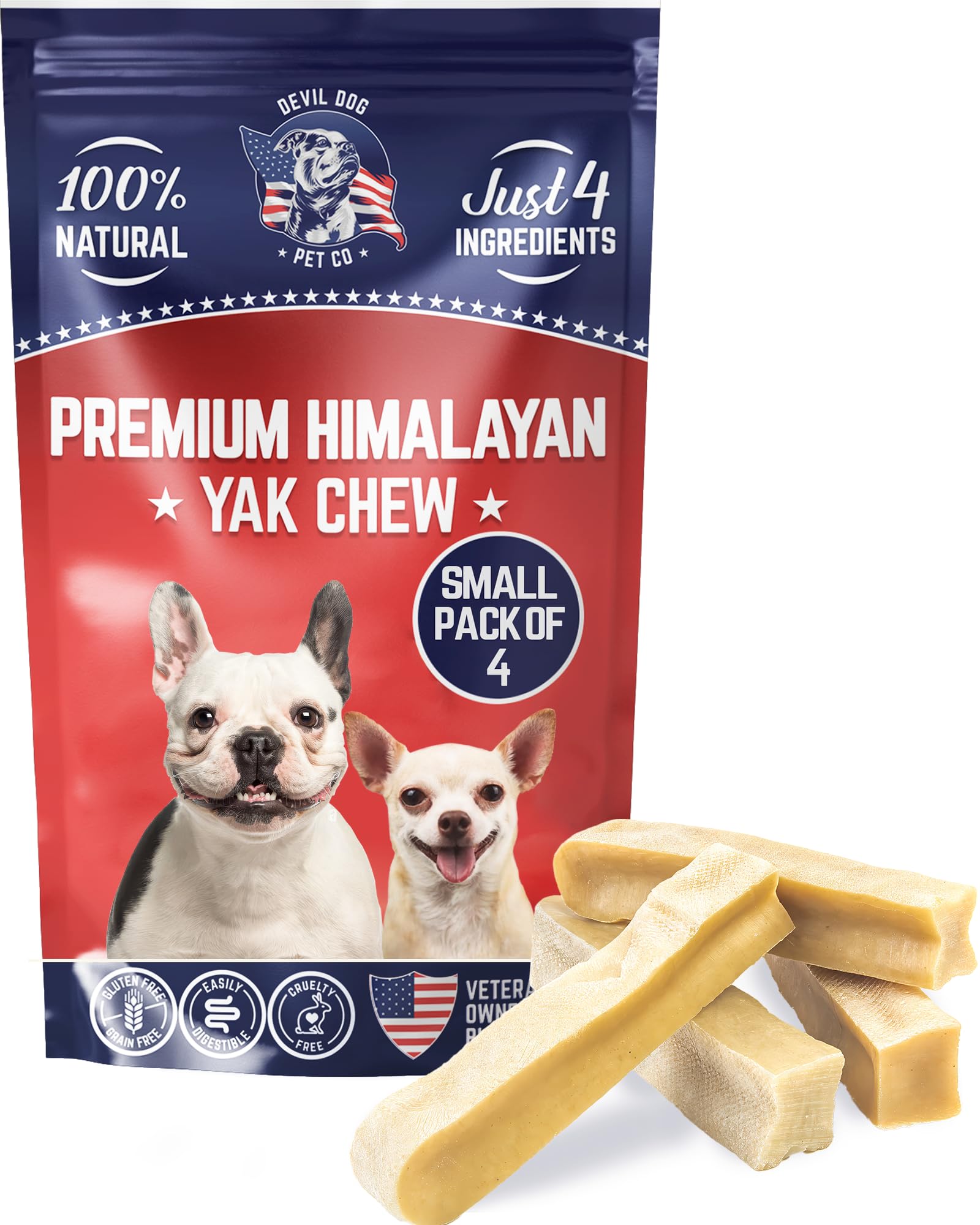 Devil Dog Pet Co Himalayan Yak Chews small-pack hero shows a long-lasting, savory dog treat.