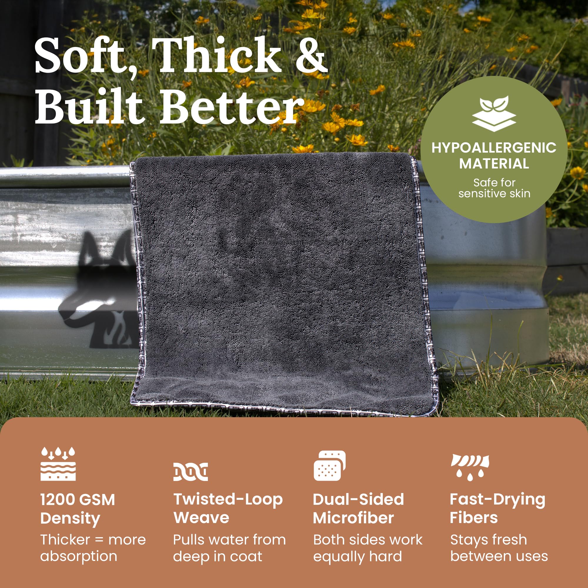 Devil Dog Premium Drying Towel reinforced-edges protects against fraying and keeps shape.