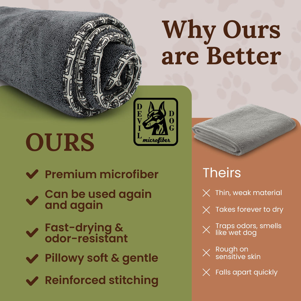 Devil Dog Premium Drying Towel two-sided quick-dry design lifts moisture on contact.