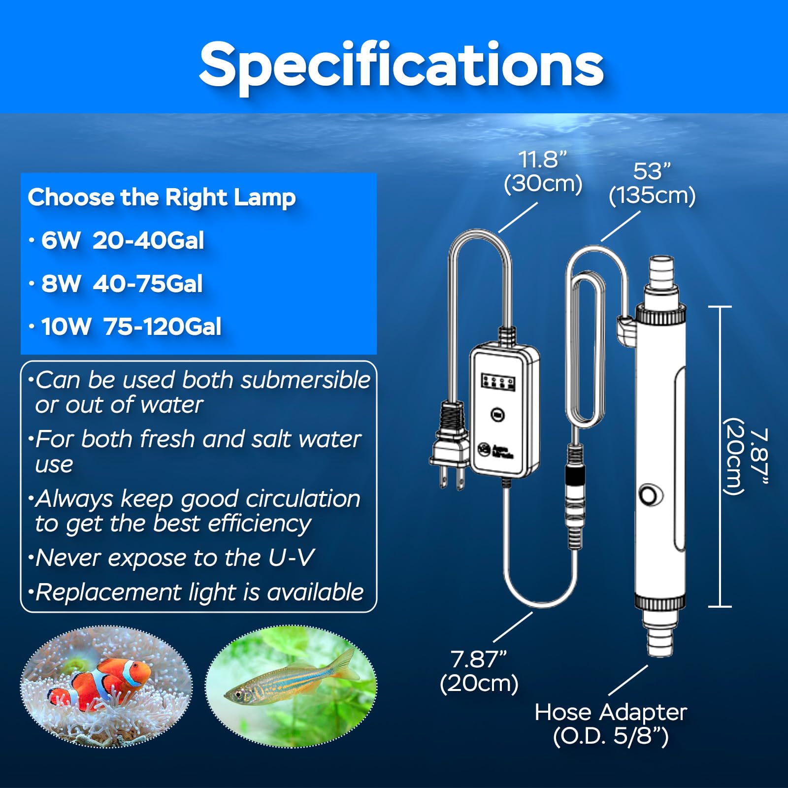 Devopet U-V light 6W tank compatibility shows suitability for 20-40 gallon aquariums
