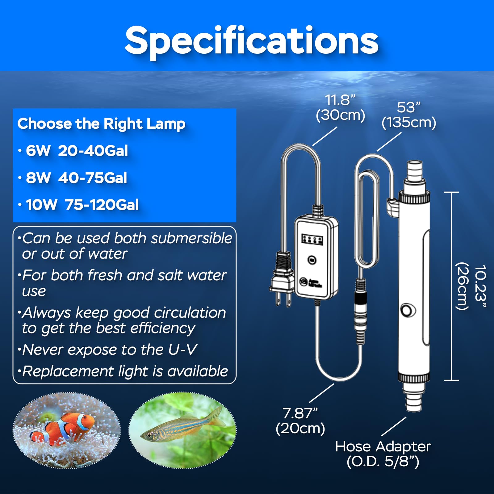 Devopet epoxy-sealed UV light – waterproof underwater operation.