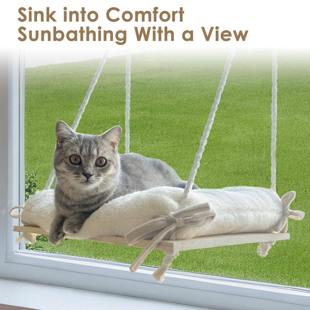 Devopet cat window perch solid pine wood board detail highlighting sturdy base.