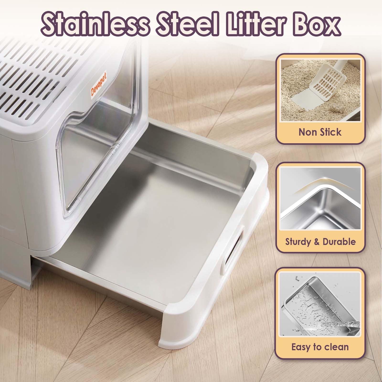 Devopet enclosed cat litter box shows a quiet, contained waste area for household cleanliness.