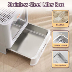 Devopet enclosed cat litter box shows a quiet, contained waste area for household cleanliness.