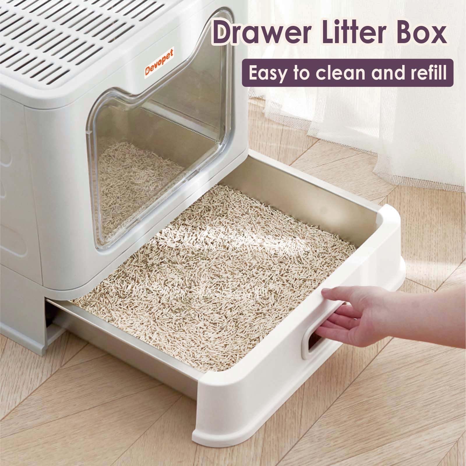 Devopet foldable metal litter box folds flat for storage and travel.