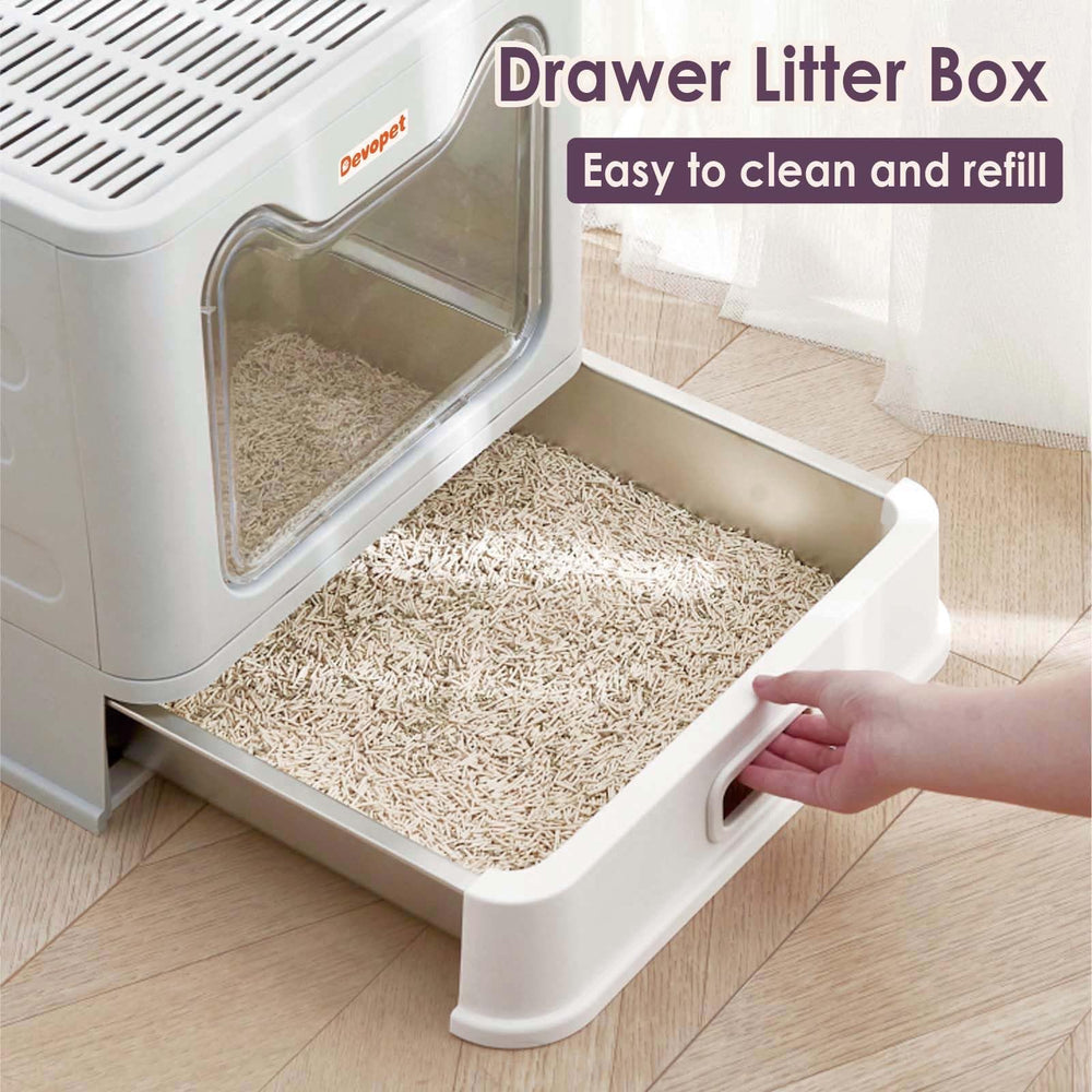 Devopet foldable metal litter box folds flat for storage and travel.