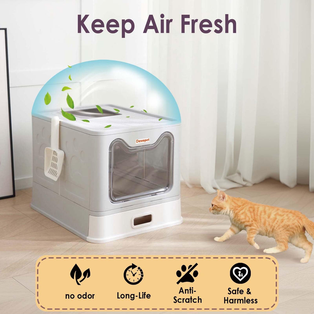 Devopet one-way channel guides litter back into the tray to reduce mess.