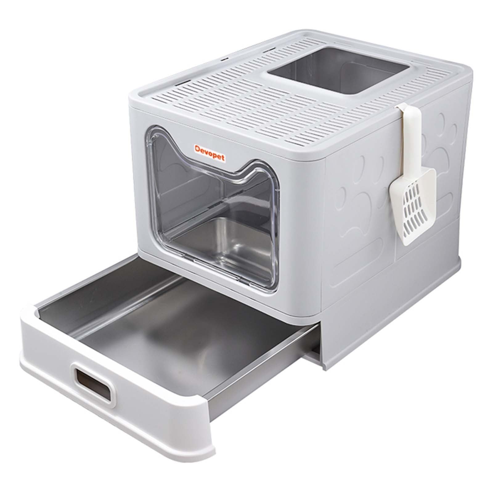 Devopet stainless steel litter box with lid offers privacy and odor control for indoor cats.