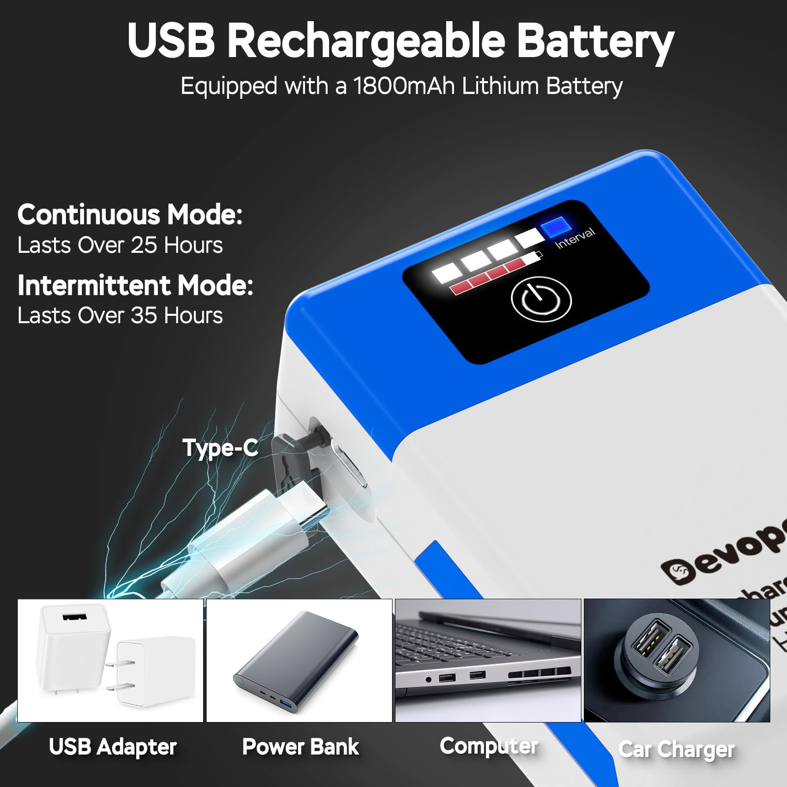 Devopet USB rechargeable oxygen pump charging via USB for outdoor trips