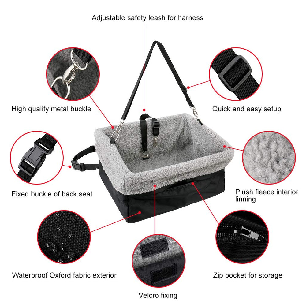 Devoted Doggy Deluxe booster seat leash clip for secure harness attachment.