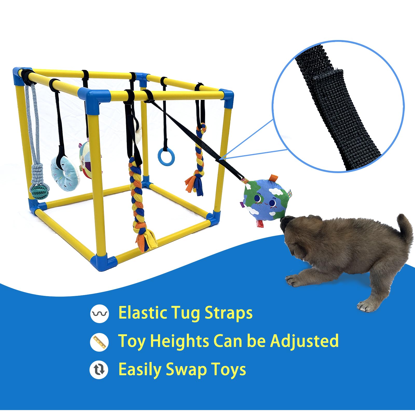 Dewonch Puppy Play Gym with 8 hanging toys promotes interactive play.