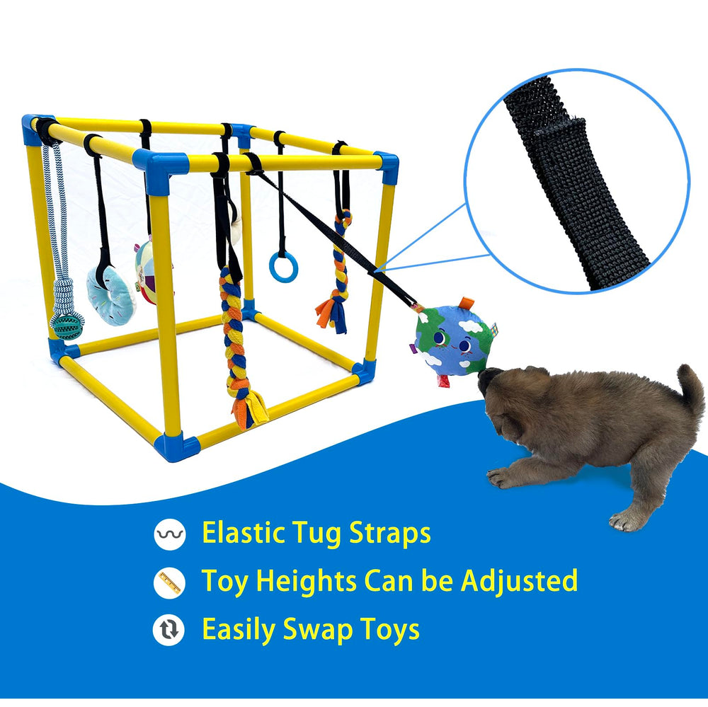 Dewonch Puppy Play Gym with 8 hanging toys promotes interactive play.