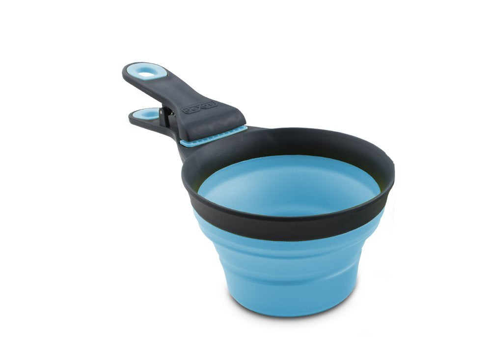 Dexas Popware Collapsible Klip Scoop offers compact 3-in-1 measuring, scooping, and bag sealing for travel.