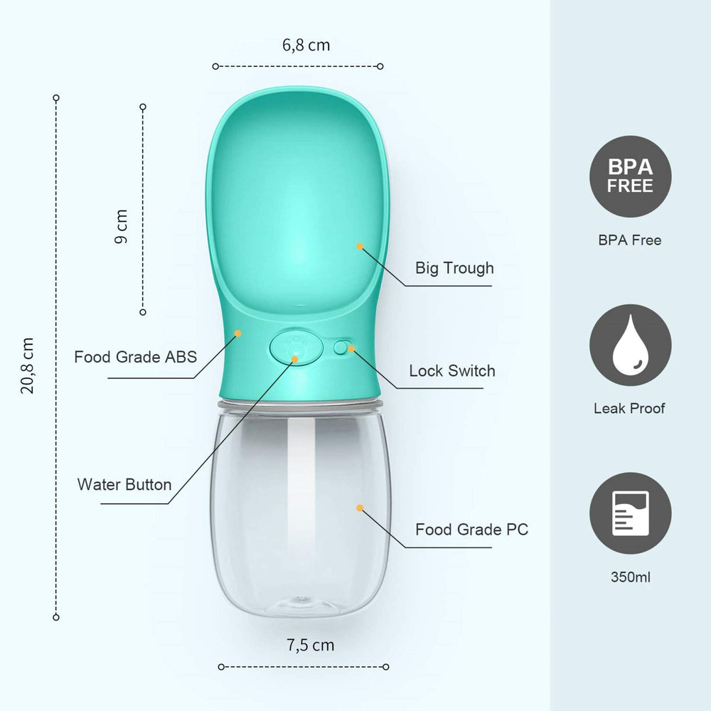 DEYACE teal dog water bottle easy-fill water key for one-hand use.