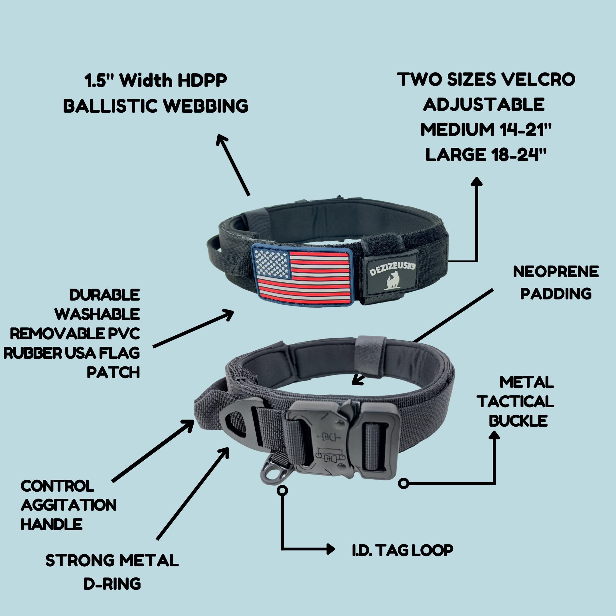 DEZIZEUSK9 tactical dog collar with American flag patch adds visibility.