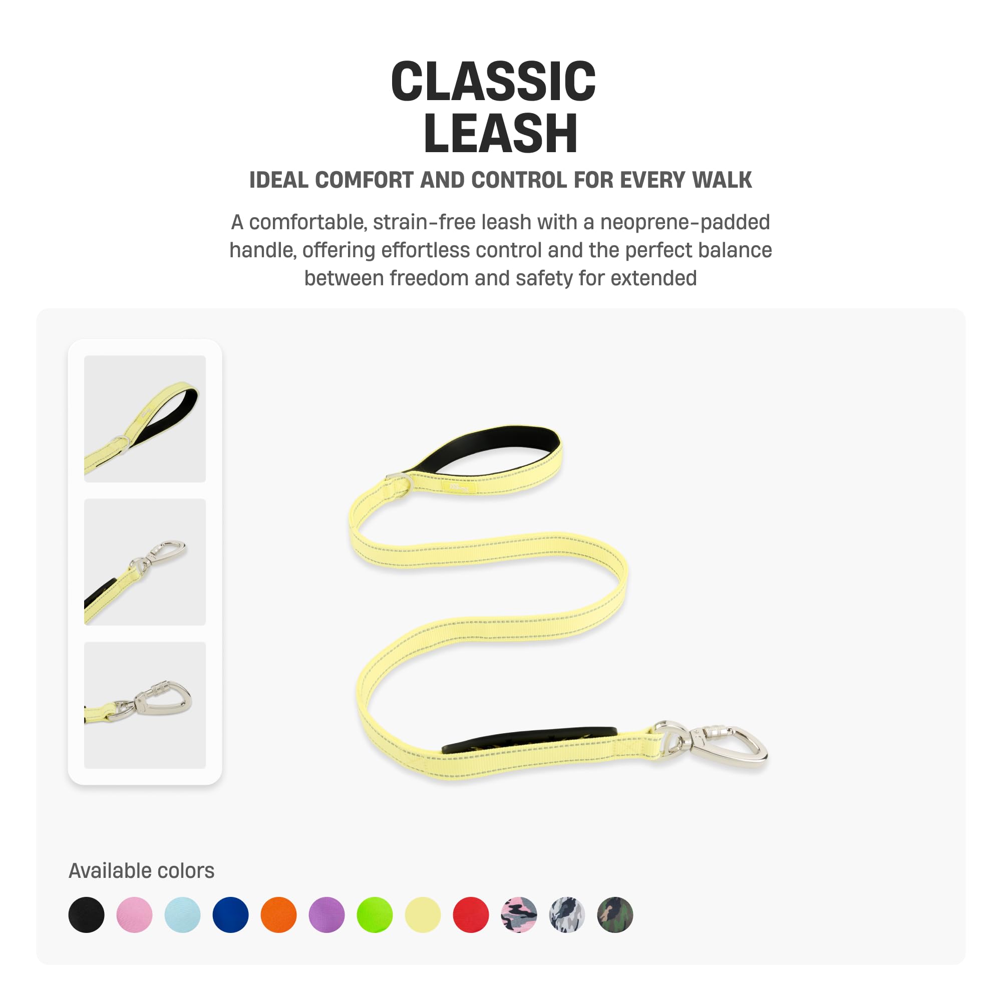 DF Co Classic Dog Leash neoprene handle provides comfortable grip in all weather conditions.
