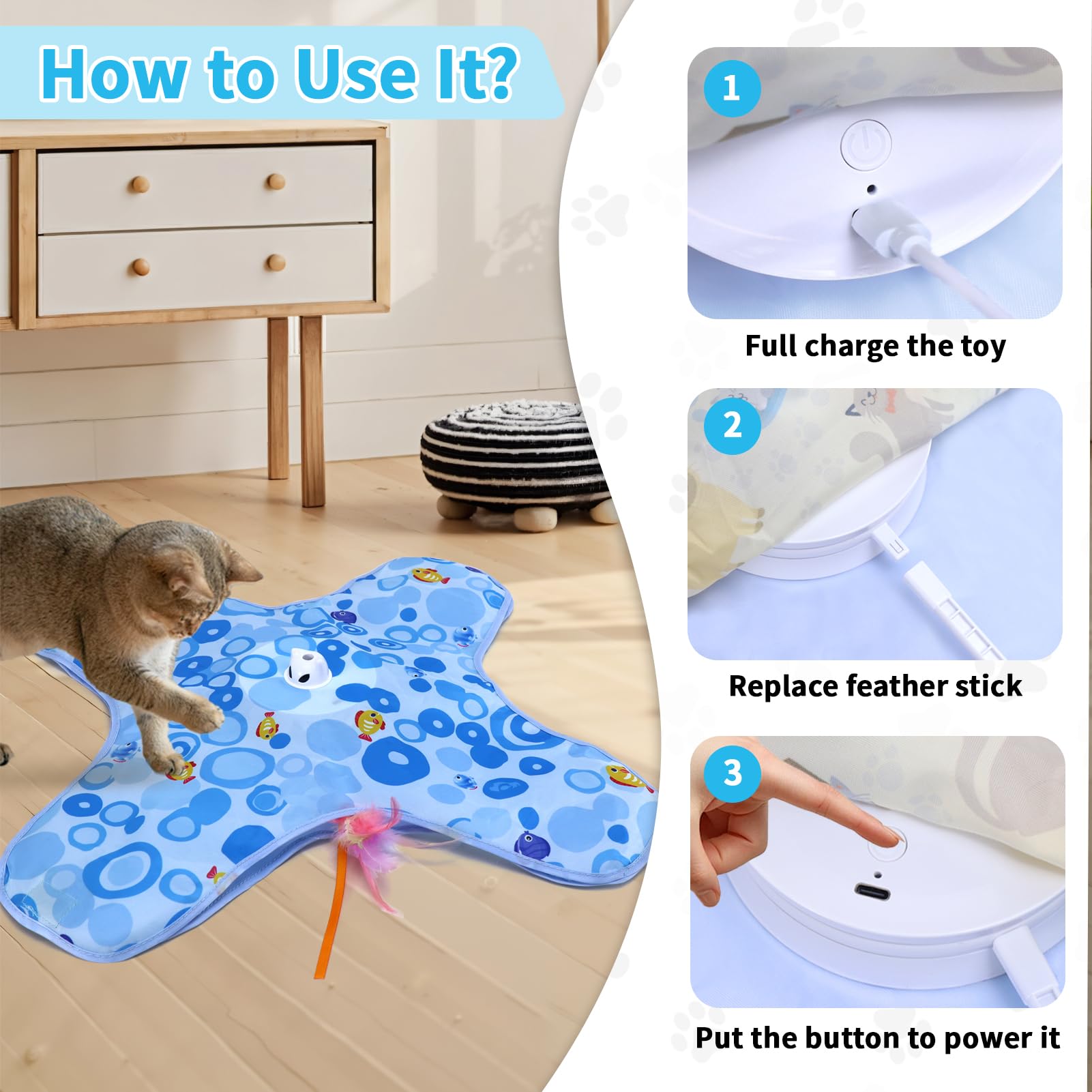 DFQ Interactive Cat Toy blue durable construction withstands chasing and scratching play.