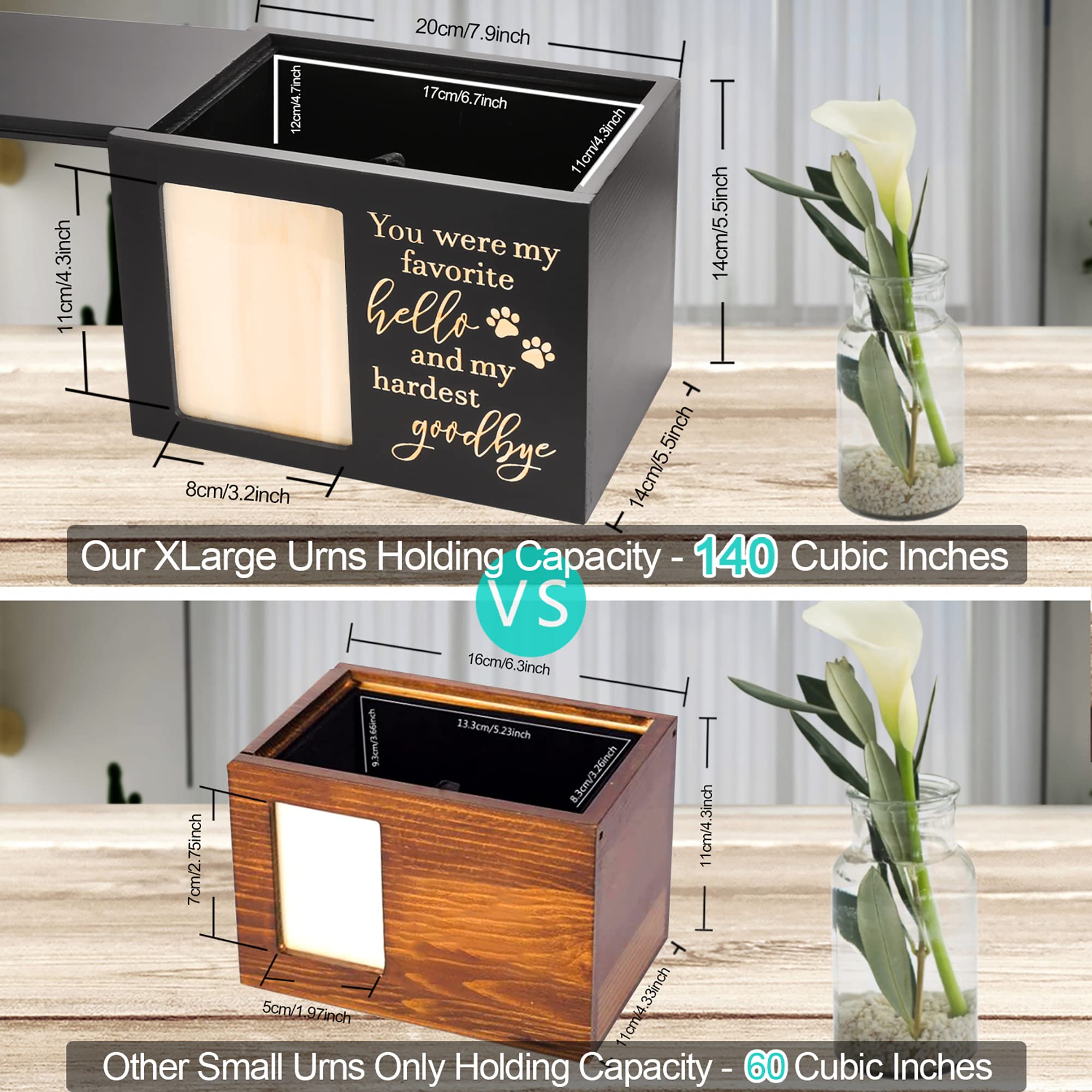 DGDCDV pet memorial urn side view showing large dimensions.