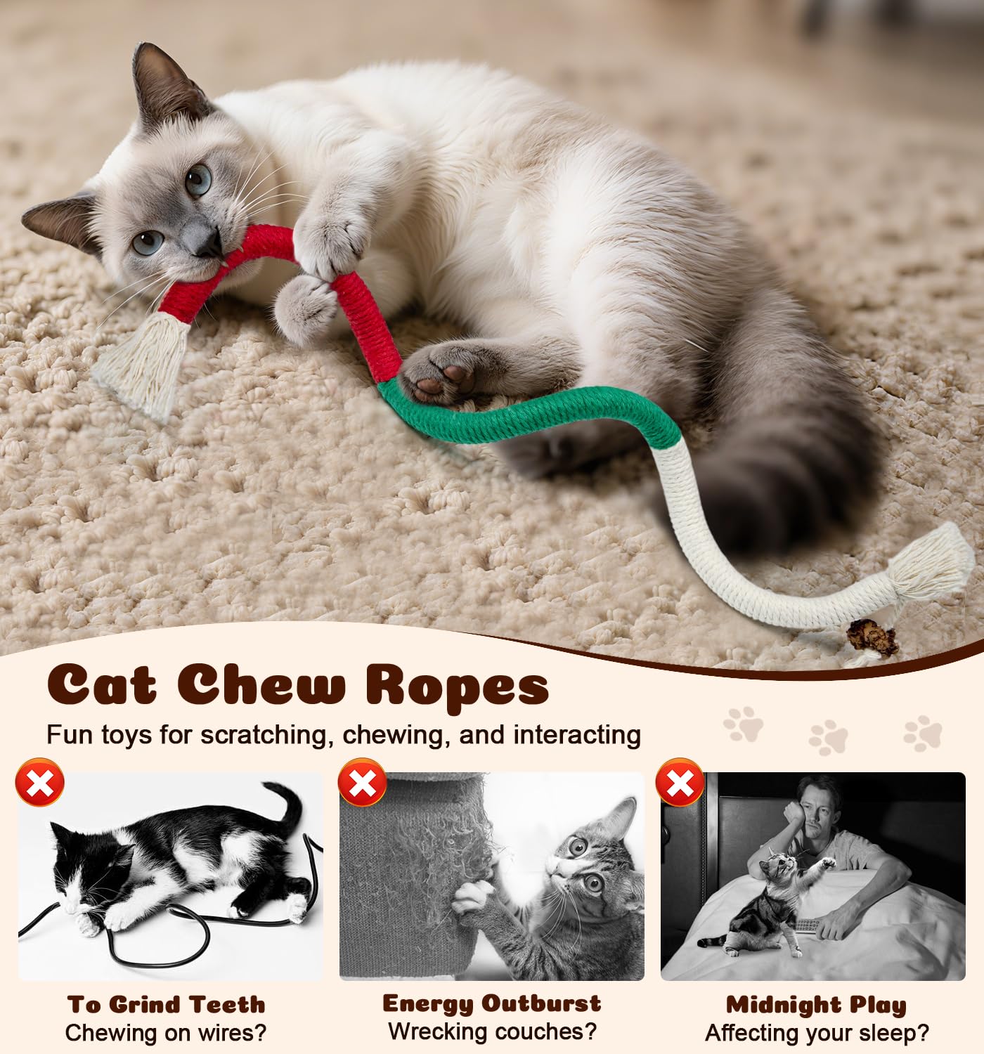 Dgerp Cat Chew Ropes serpentine design stimulates natural hunting instincts.