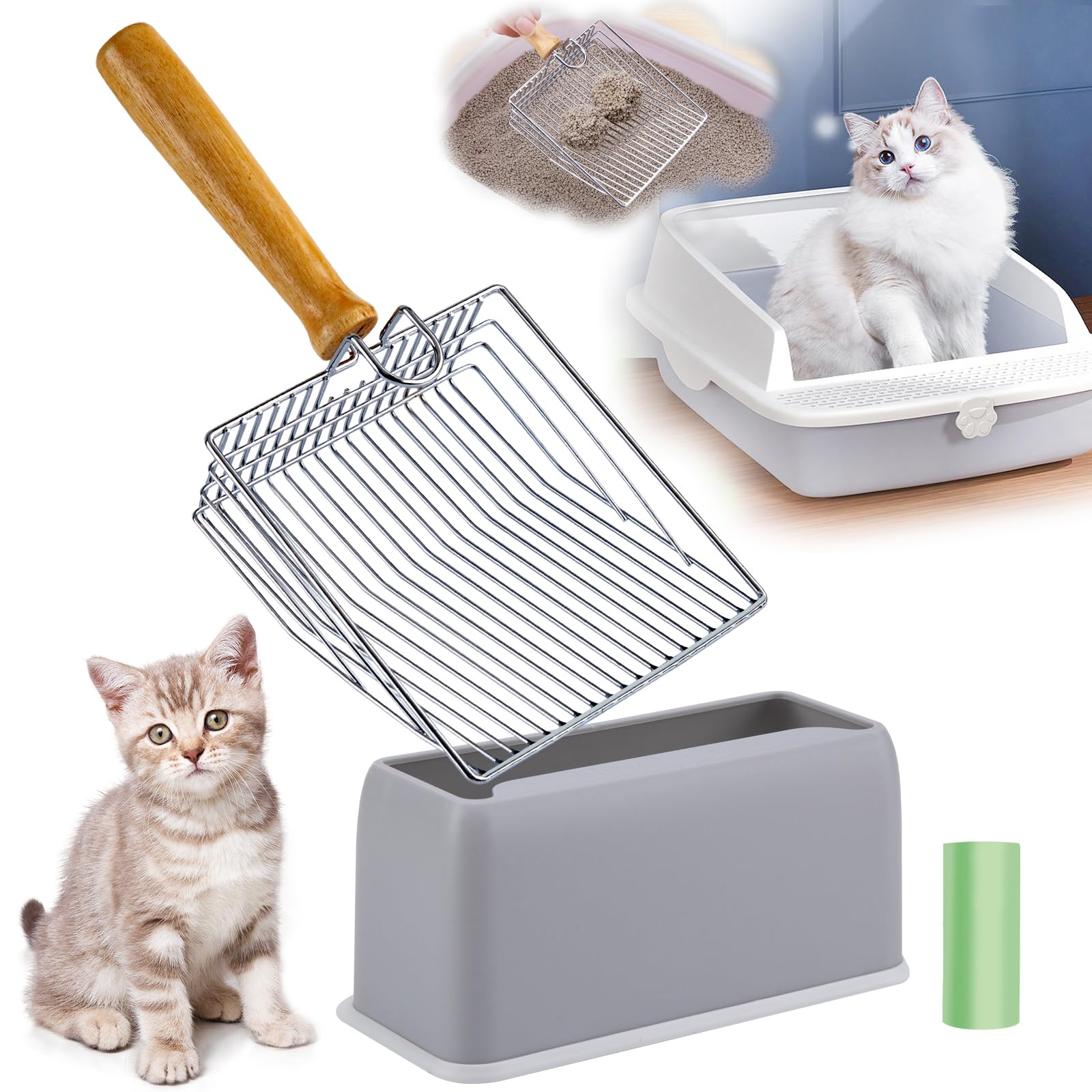 DHXYZZB cat litter scoop with wooden handle offers a comfortable grip.