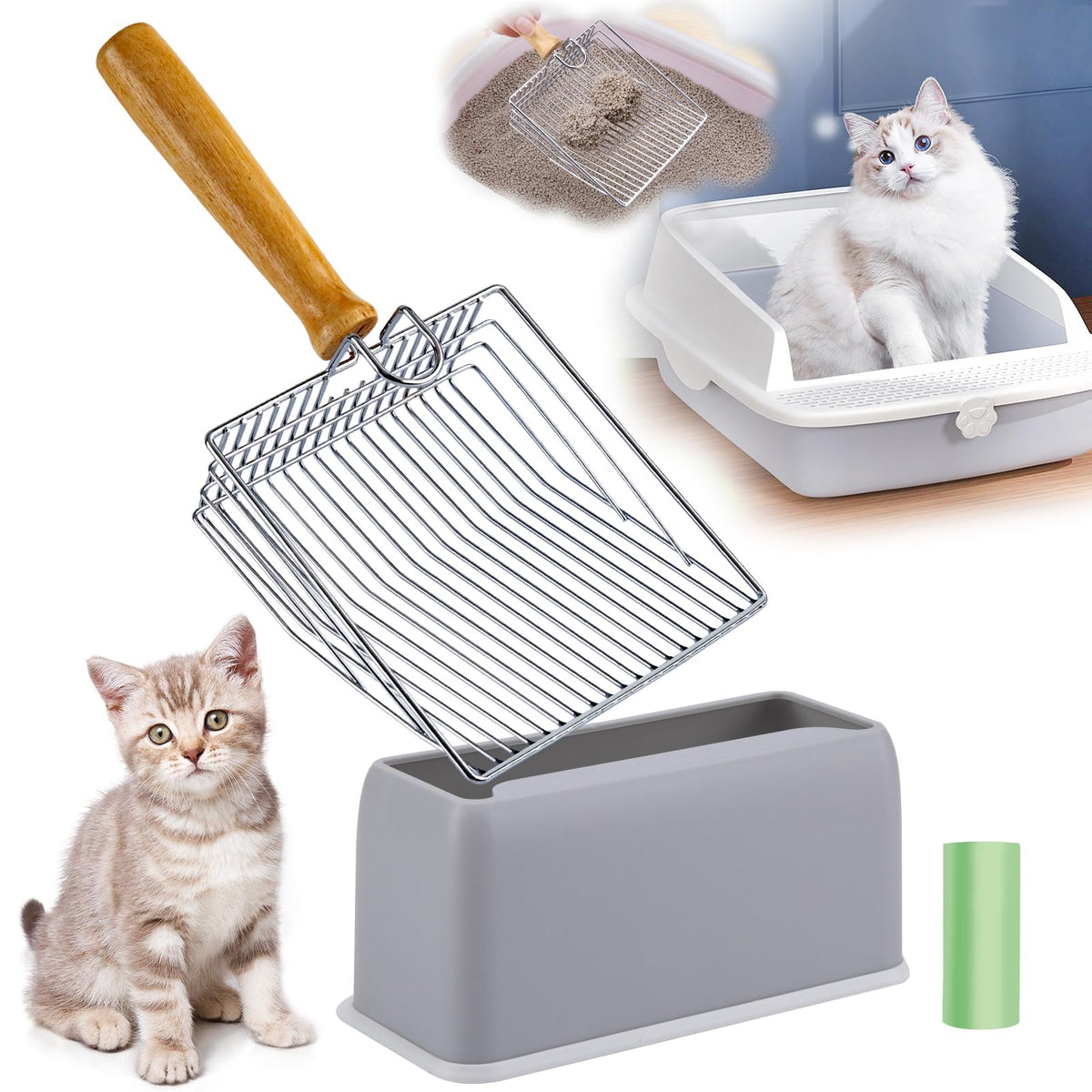 DHXYZZB cat litter scoop with wooden handle offers a comfortable grip.
