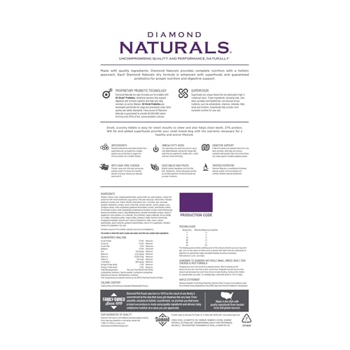 Diamond Naturals chicken and rice formula bag, protein from real chicken supports active small dogs.