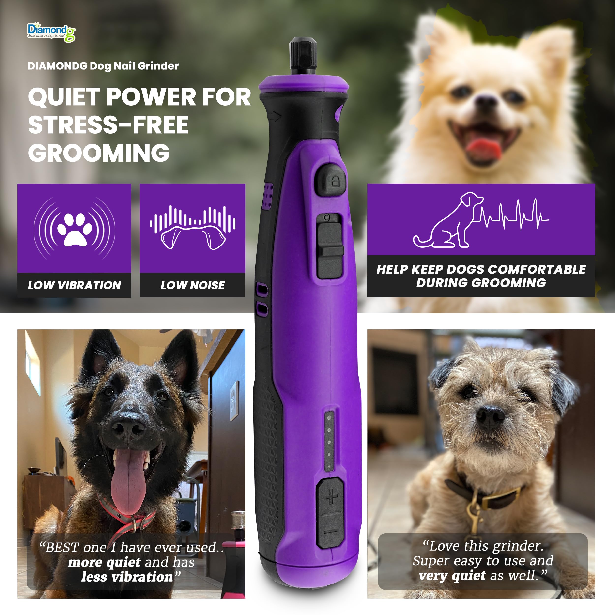 Diamondg cordless dog nail grinder operating quietly to reduce dog anxiety.