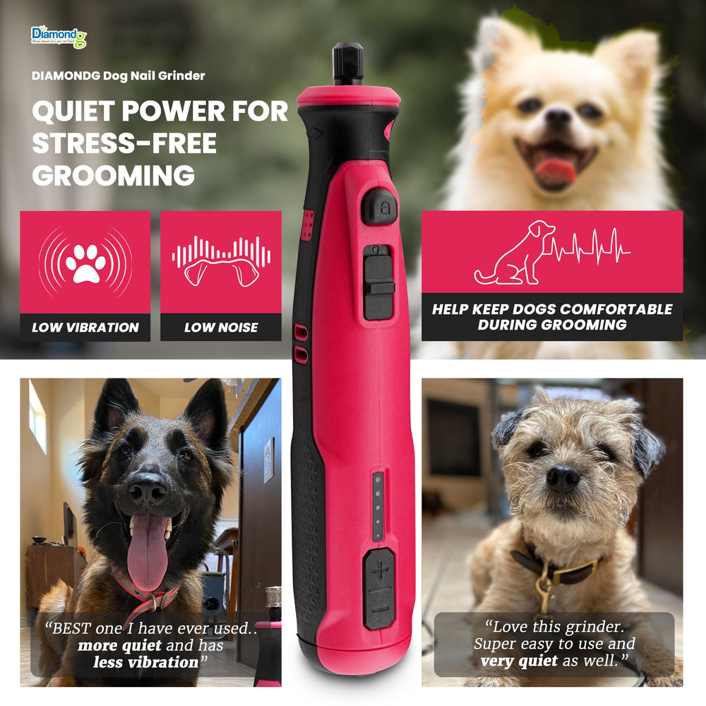 Diamondg cordless dog nail grinder runs quietly for calmer grooming.