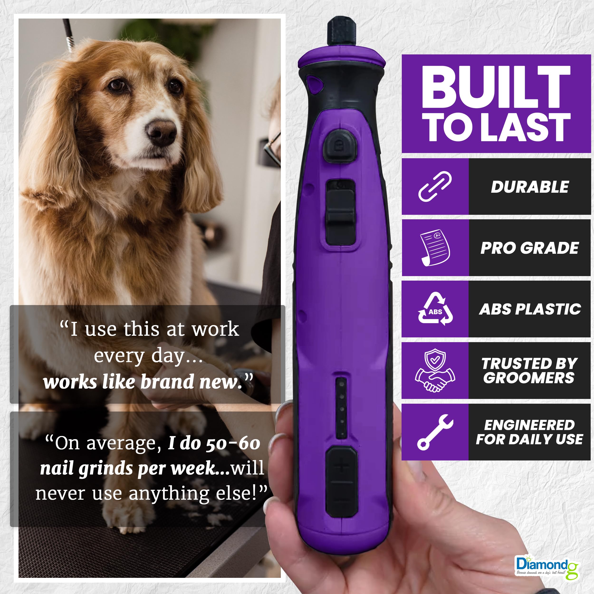Diamondg travel bag accompanies the cordless grinder for on-the-go grooming.
