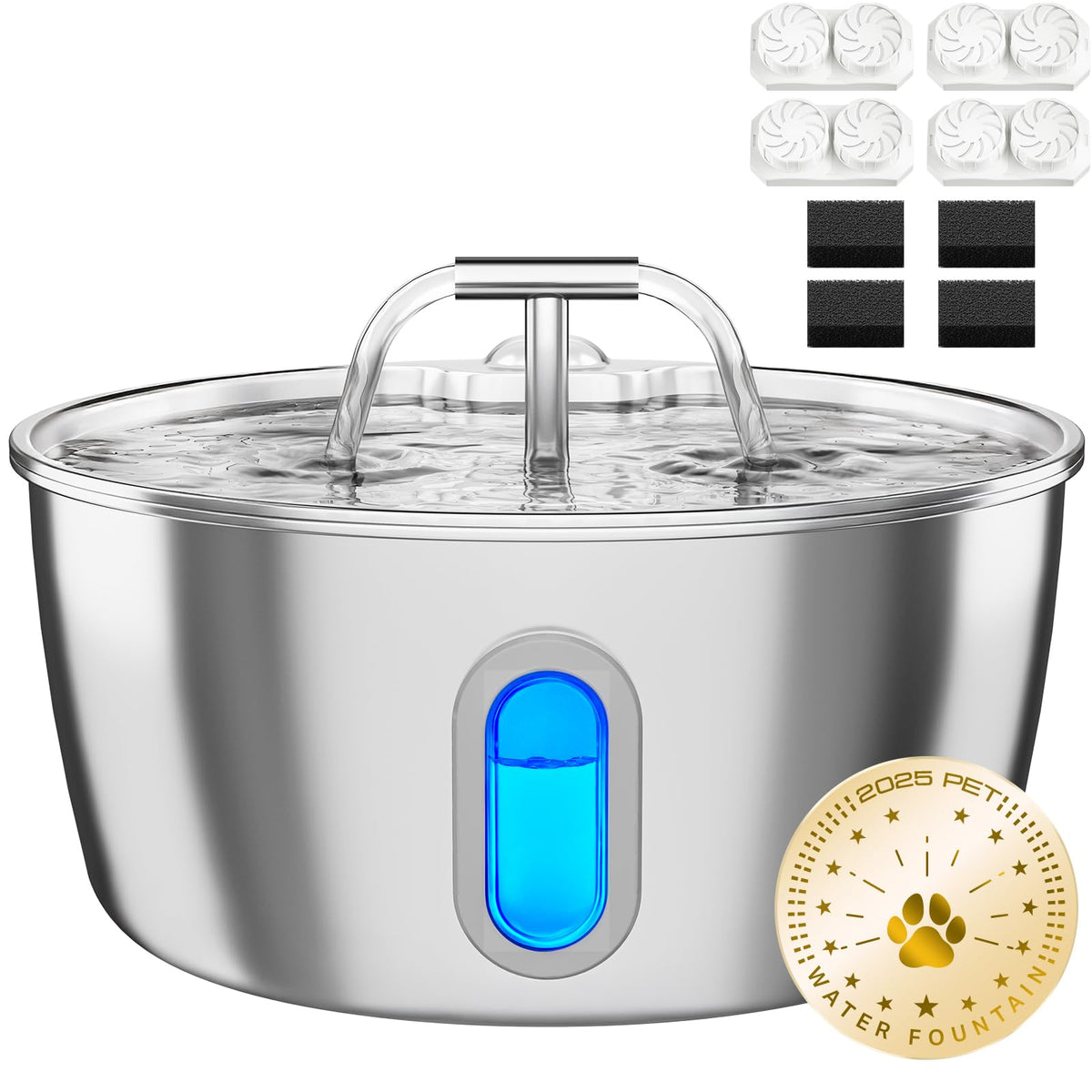 DIANU cat water fountain stainless steel body with water level window for easy monitoring.