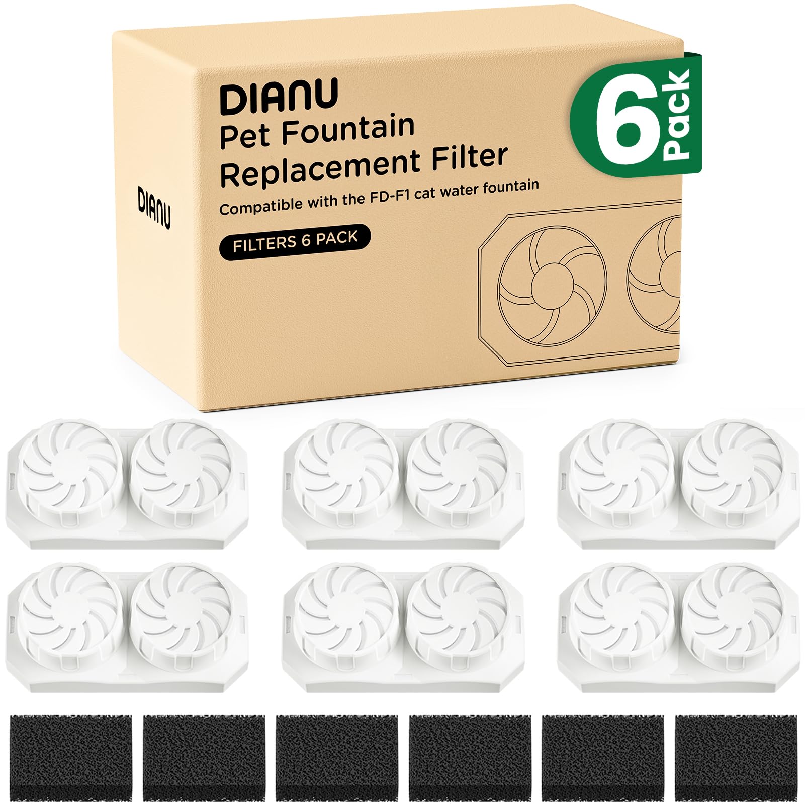 DIANU six-pack fountain filters: replacement carbon filters for cleaner-tasting cat water