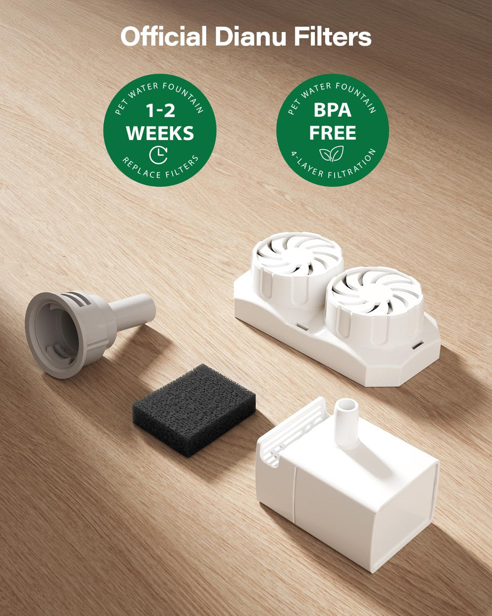 DIANU stainless steel cat fountain assembly with replacement filters showcased